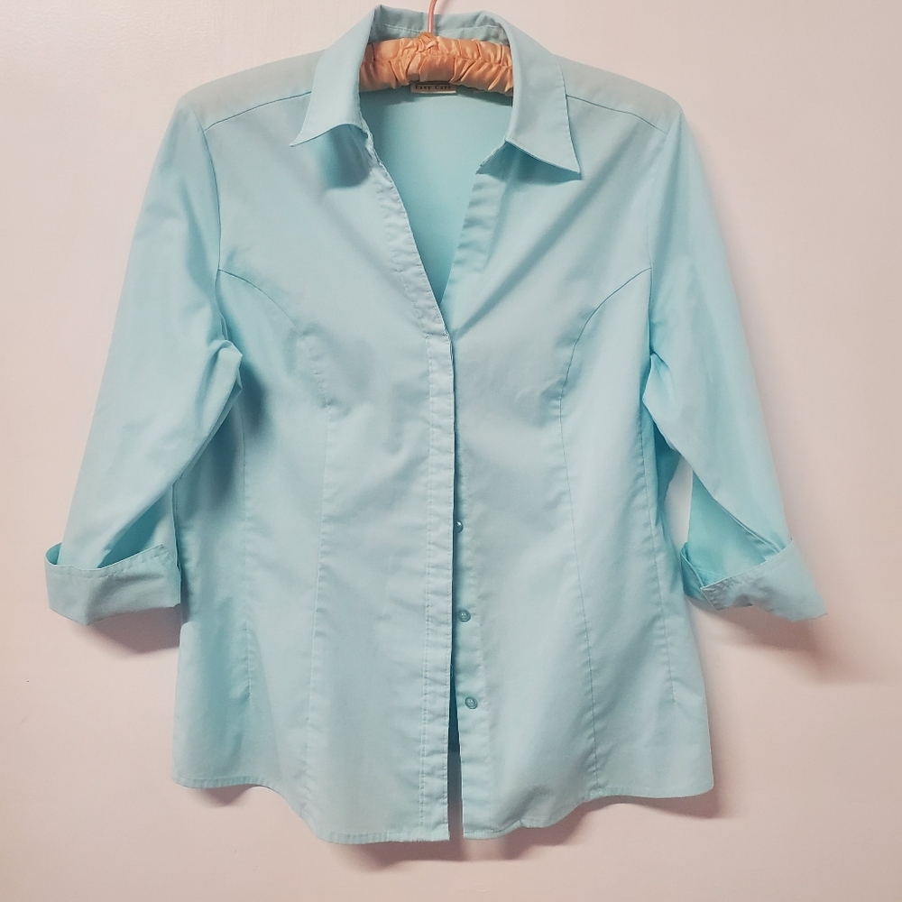 Riders by Lee Blue Button-Down Shirt 3/4 Sleeves Size Medium